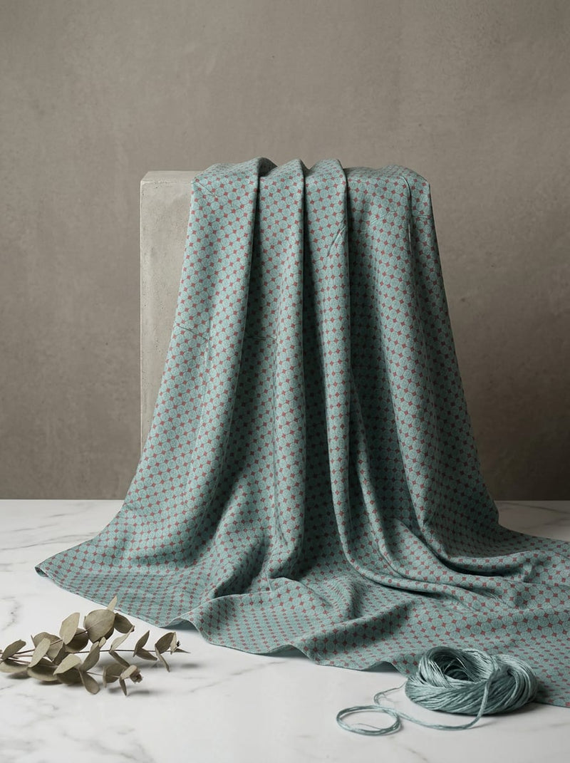 Teal Geometric Rosette Silk Crepe Digital Printed Fabric