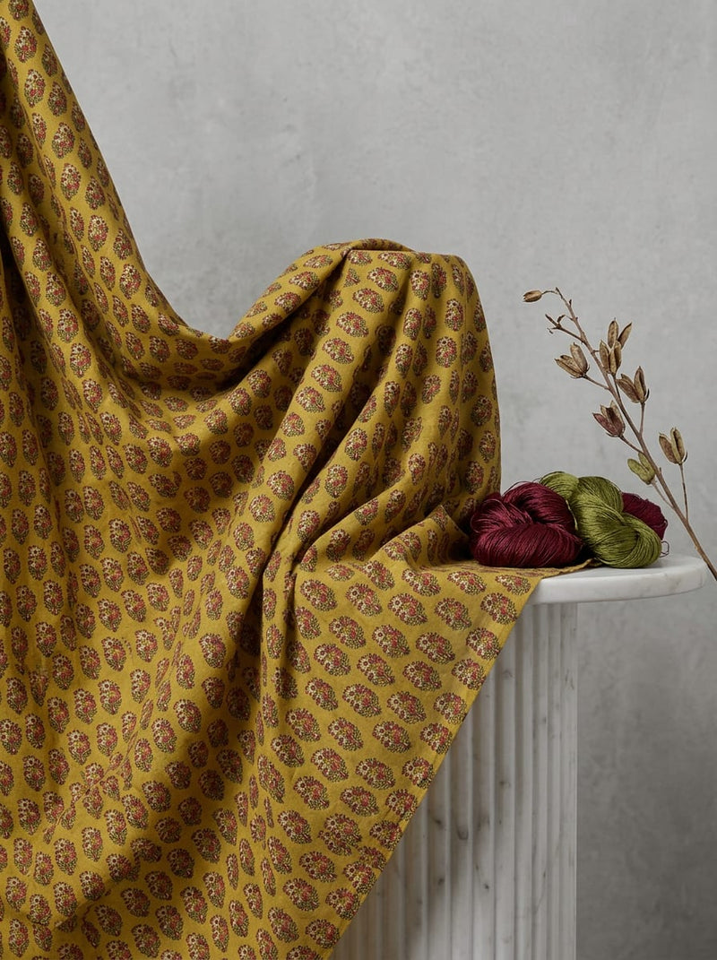 Yellow Small Ethnic Floral Buti Pure Cotton Digital Printed Fabric