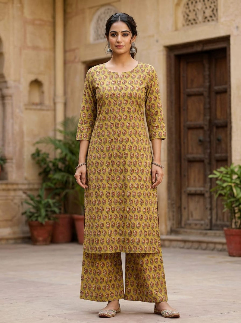 Yellow Small Ethnic Floral Buti Pure Cotton Digital Printed Fabric