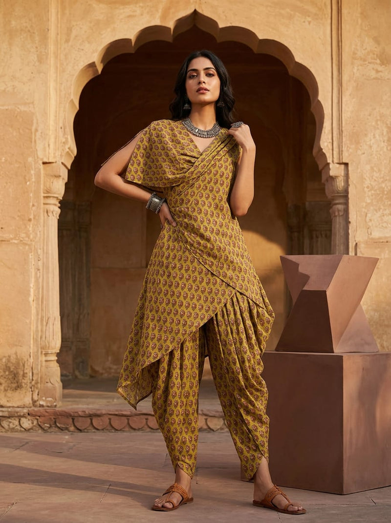 Yellow Small Ethnic Floral Buti Pure Cotton Digital Printed Fabric