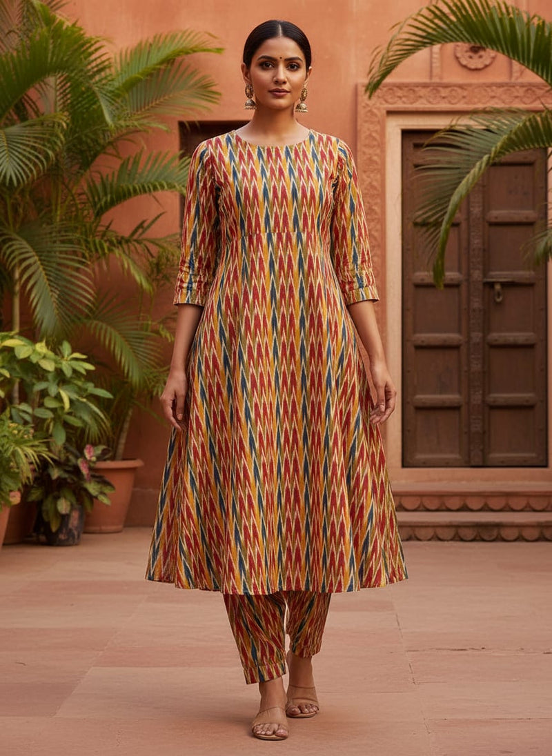 Beautiful Multicolour Ikat Digital Printed Fabric - Pure Cotton