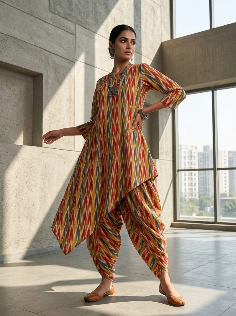 Multicolor Ethnic Ikat Chevron Pattern Pure Cotton Digital Printed Fabric