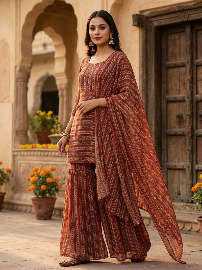 Red Ethnic Floral Stripe Pure Georgette Digital Printed Fabric