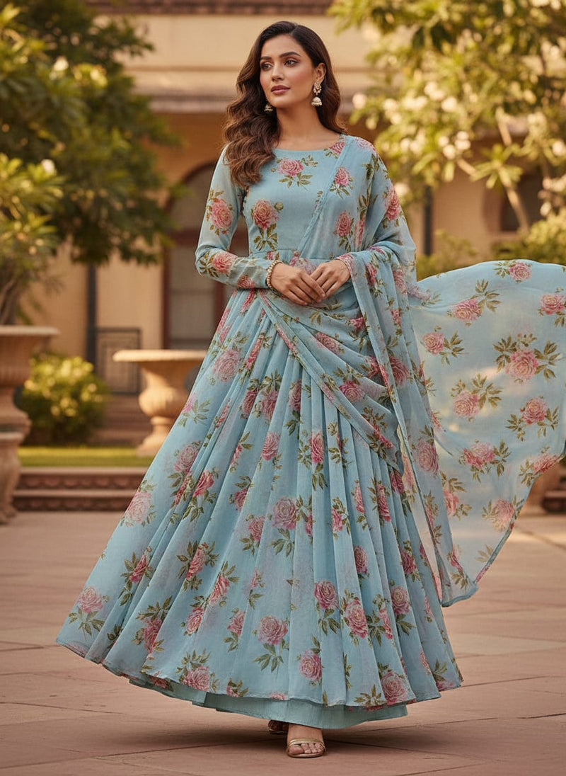 Skyblue Flower Pure Georgette Printed Fabric
