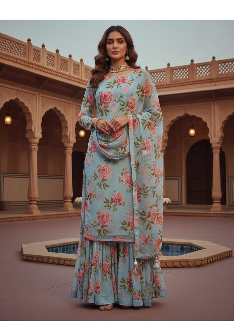 Skyblue Flower Pure Georgette Printed Fabric
