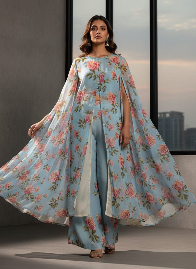 Skyblue Flower Pure Georgette Printed Fabric
