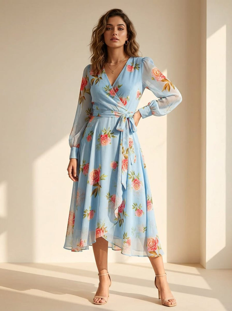 Blue Vintage Rose Floral Pure Georgette Digital Printed Fabric