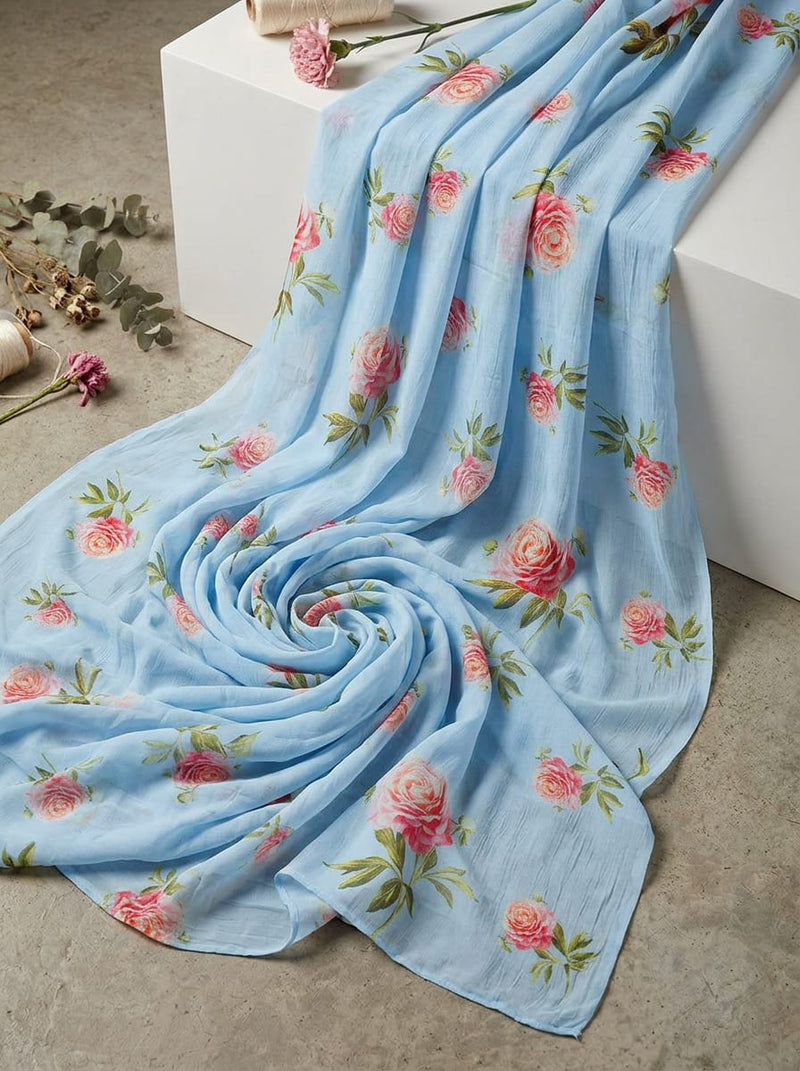 Blue Vintage Rose Floral Pure Georgette Digital Printed Fabric