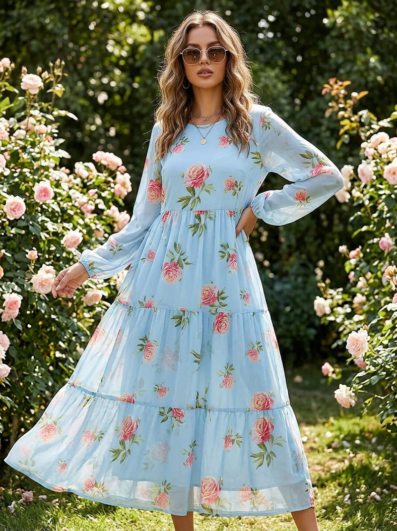 Blue Vintage Rose Floral Pure Georgette Digital Printed Fabric