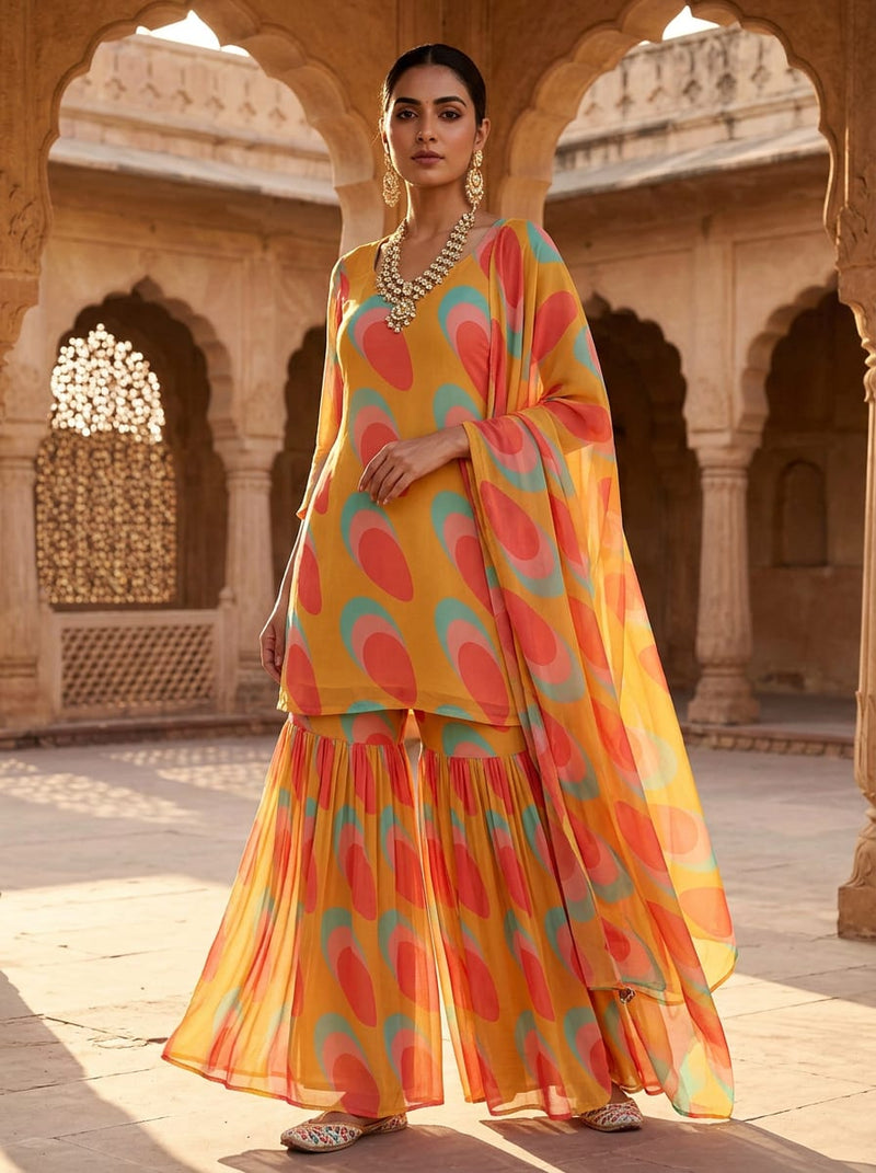 Multicolor Abstract Retro Shapes Pure Georgette Digital Printed Fabric