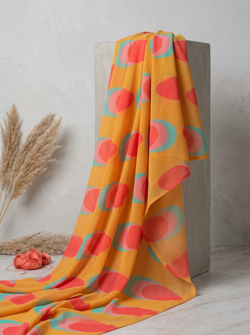 Multicolor Abstract Retro Shapes Pure Georgette Digital Printed Fabric