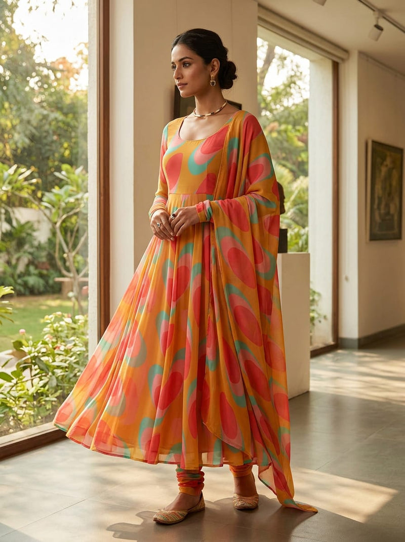 Multicolor Abstract Retro Shapes Pure Georgette Digital Printed Fabric