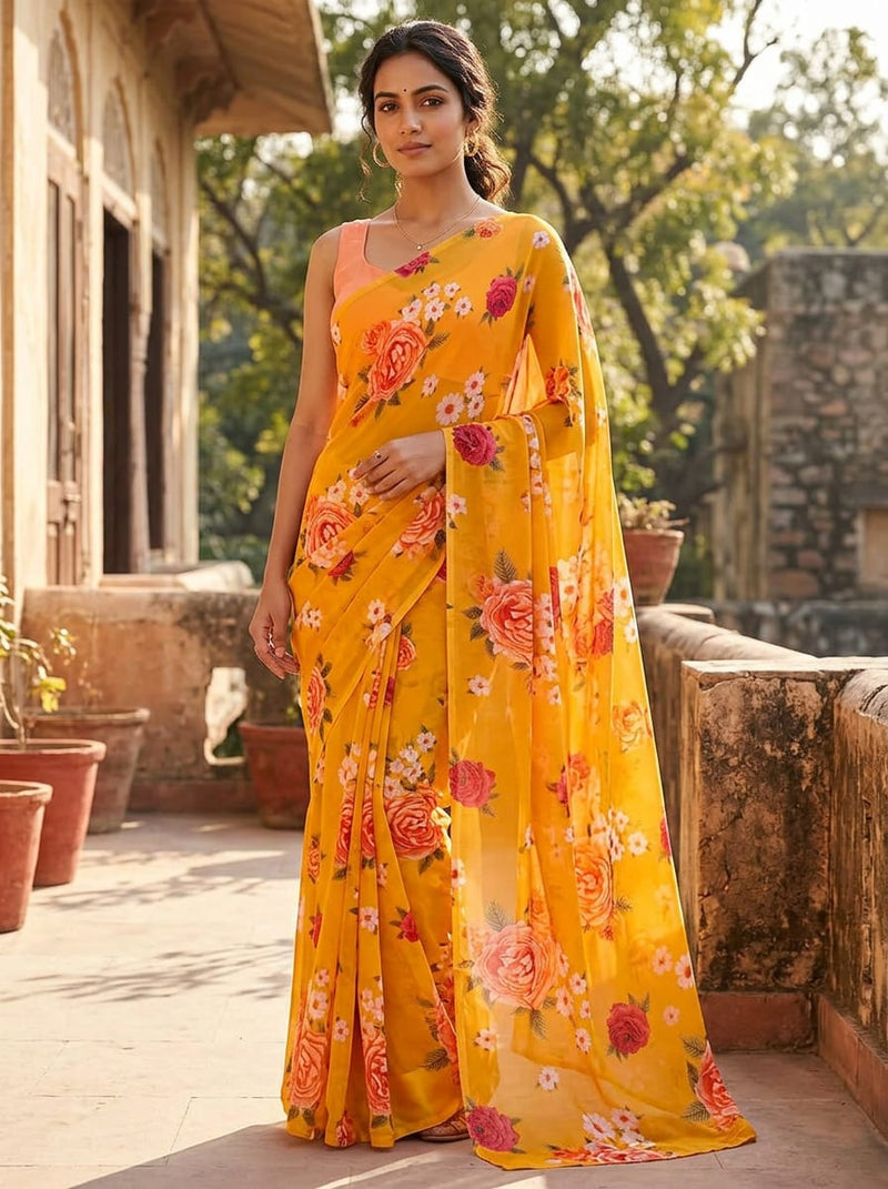 Yellow Summer Garden Floral Pure Georgette Digital Printed Fabric