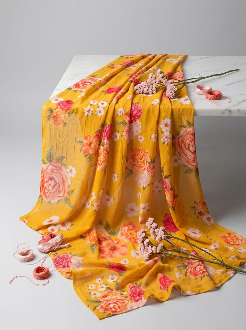 Yellow Summer Garden Floral Pure Georgette Digital Printed Fabric