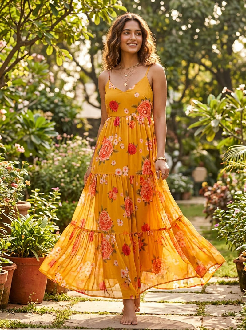Yellow Summer Garden Floral Pure Georgette Digital Printed Fabric