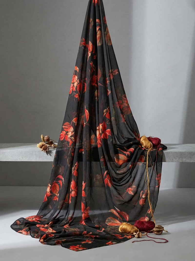 Olive Autumn Botanical Leaves Pure Georgette Digital Printed Fabric