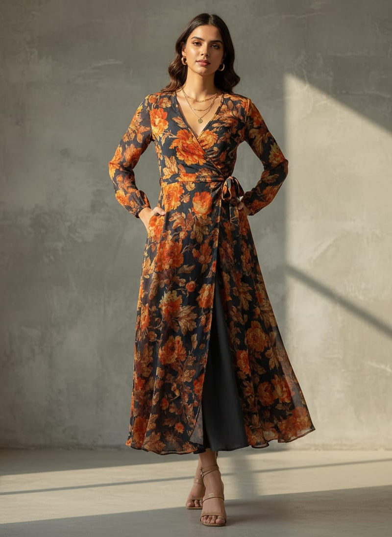Coffee Floral Pure Georgette Printed Fabric