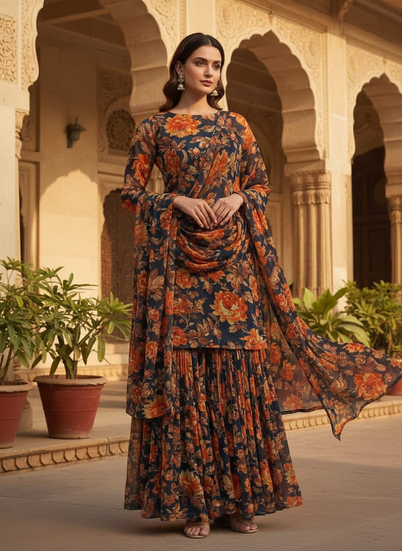 Coffee Floral Pure Georgette Printed Fabric