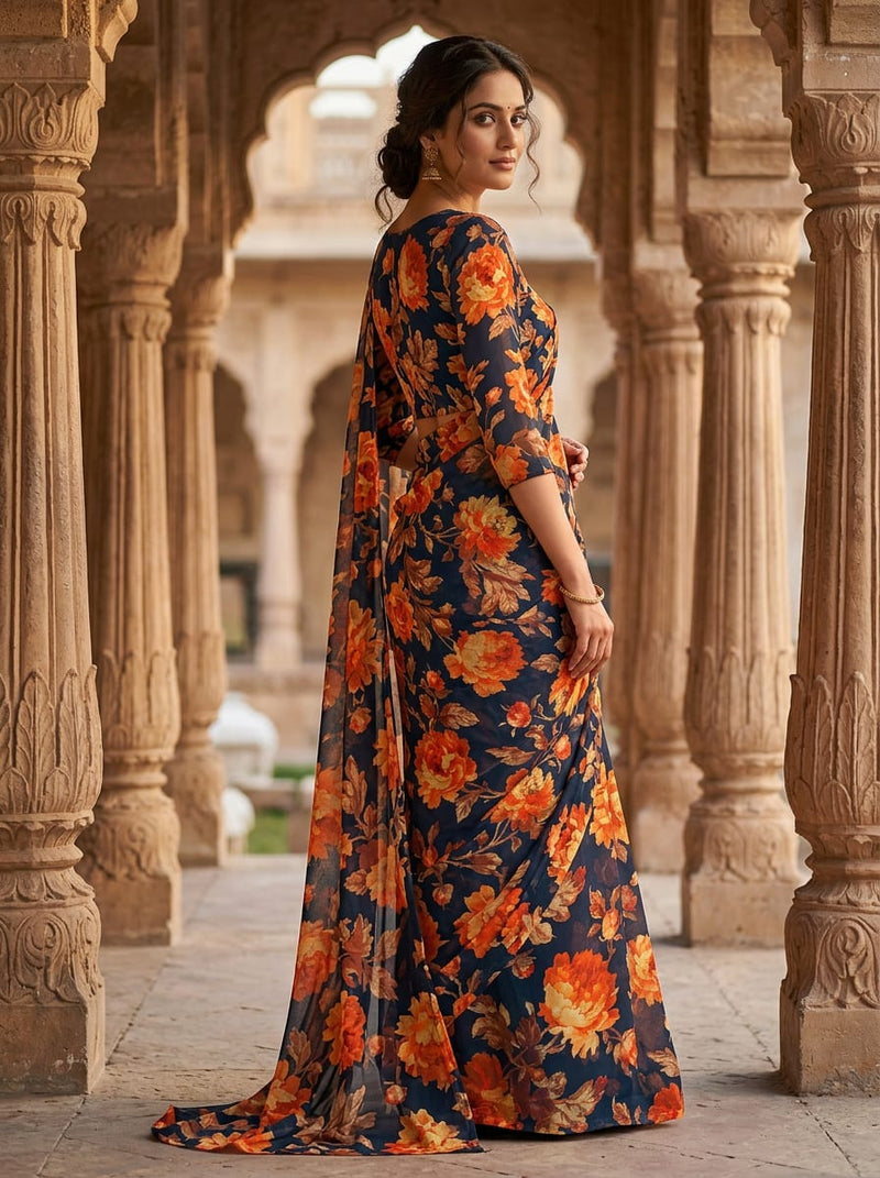 Navy Vintage Orange Peony Floral Pure Georgette Digital Printed Fabric