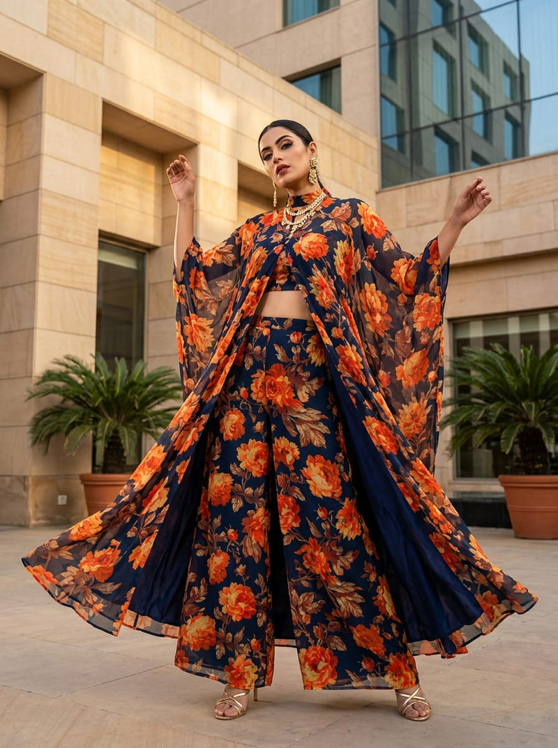 Navy Vintage Orange Peony Floral Pure Georgette Digital Printed Fabric