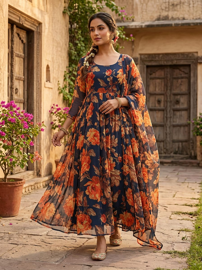 Navy Vintage Orange Peony Floral Pure Georgette Digital Printed Fabric