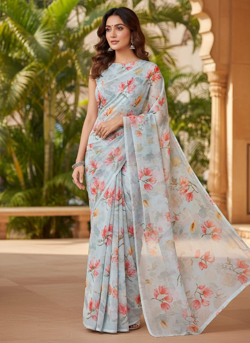 White Floral Pure Georgette Printed Fabric