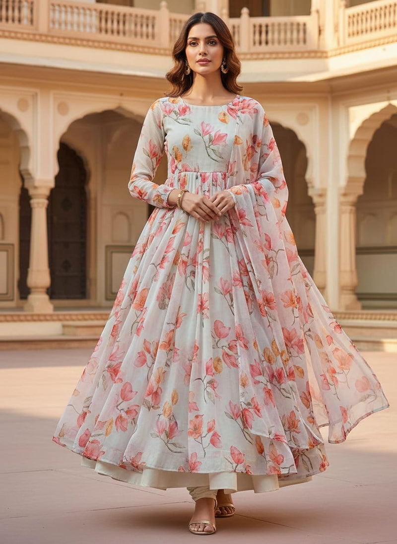 White Floral Pure Georgette Printed Fabric