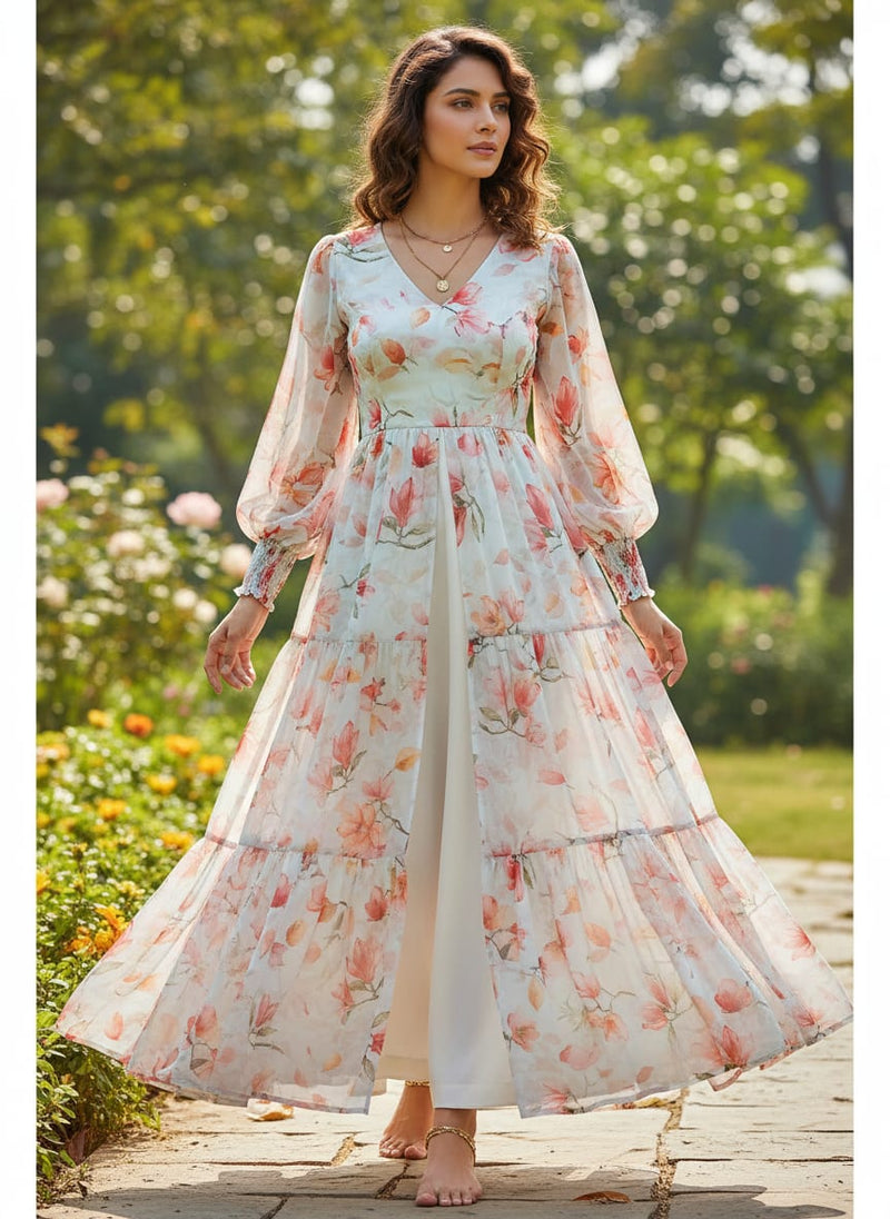 White Floral Pure Georgette Printed Fabric