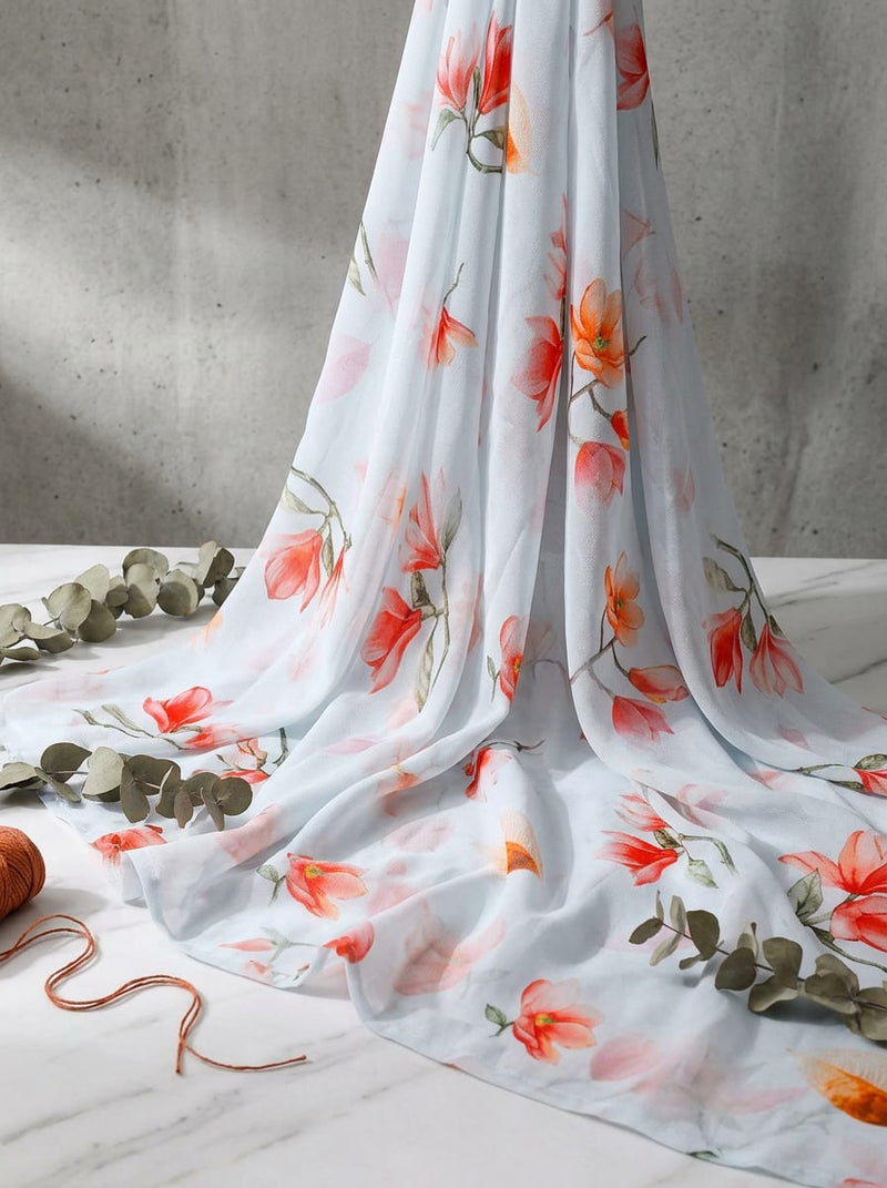 White Watercolour Magnolia Floral Pure Georgette Digital Printed Fabric