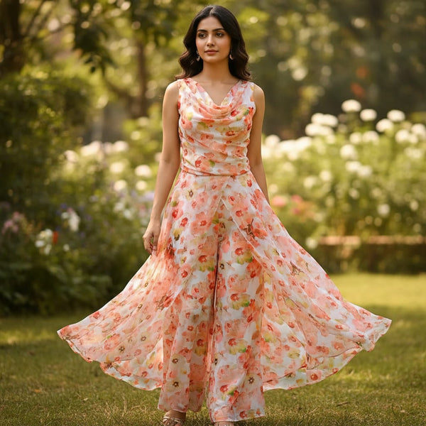 Cream Floral Pure Georgette Printed Fabric - alternate view