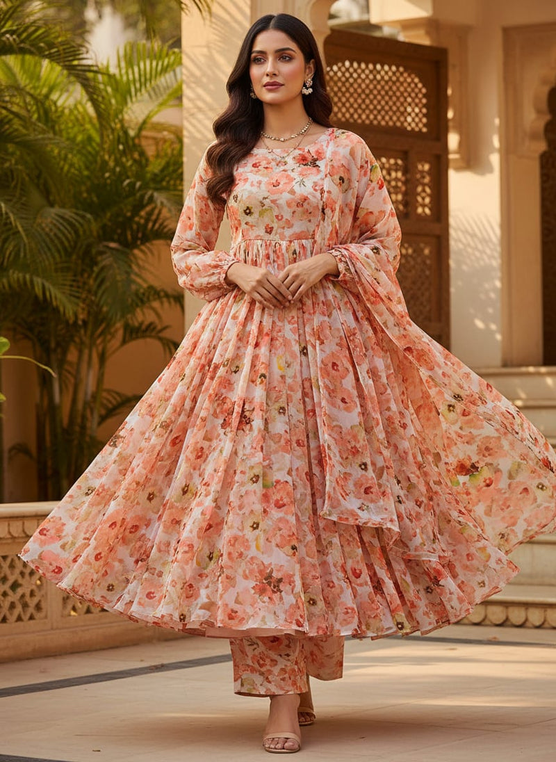 Cream Floral Pure Georgette Printed Fabric