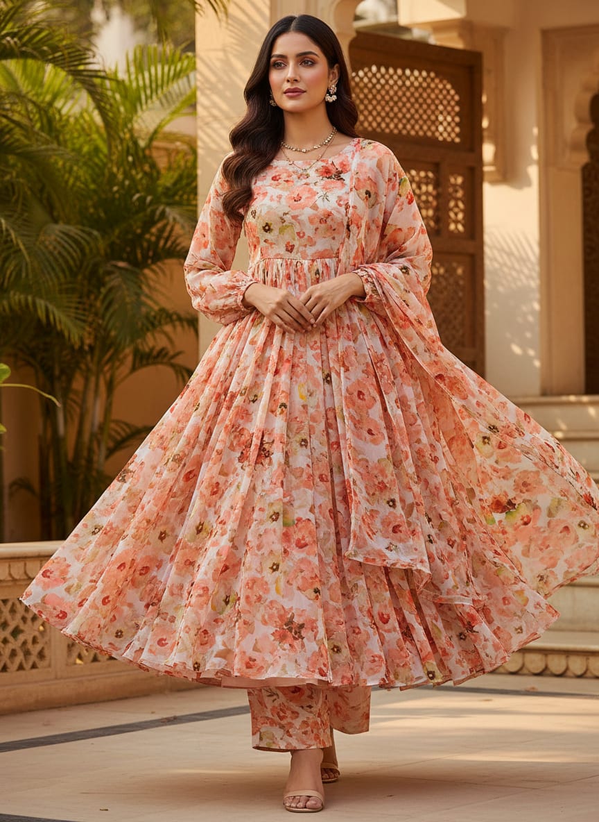 Cream Floral Pure Georgette Printed Fabric
