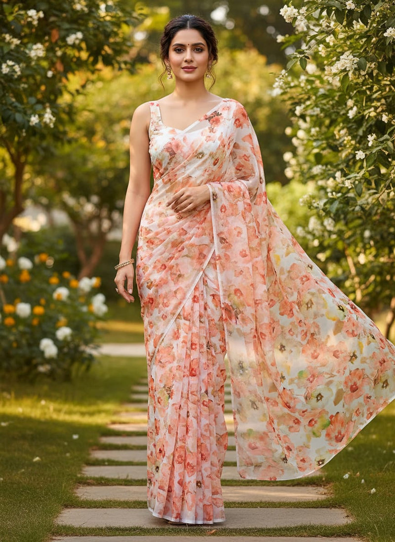 Cream Floral Pure Georgette Printed Fabric