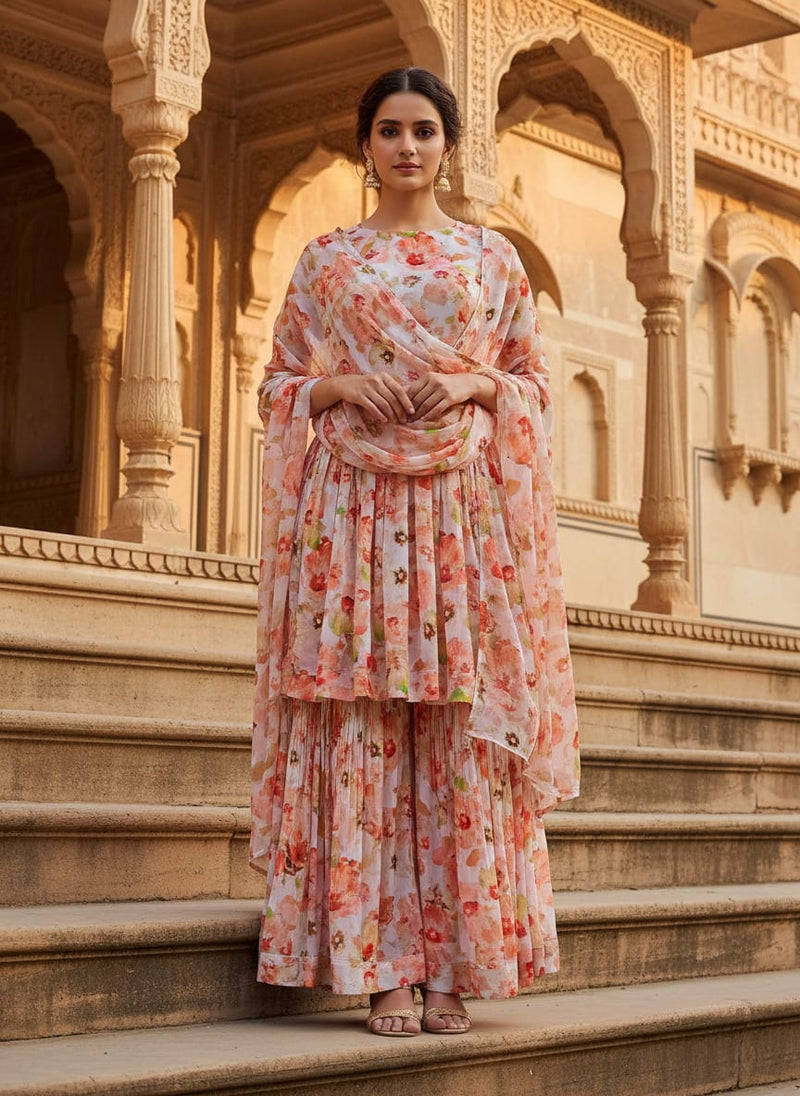 Cream Floral Pure Georgette Printed Fabric