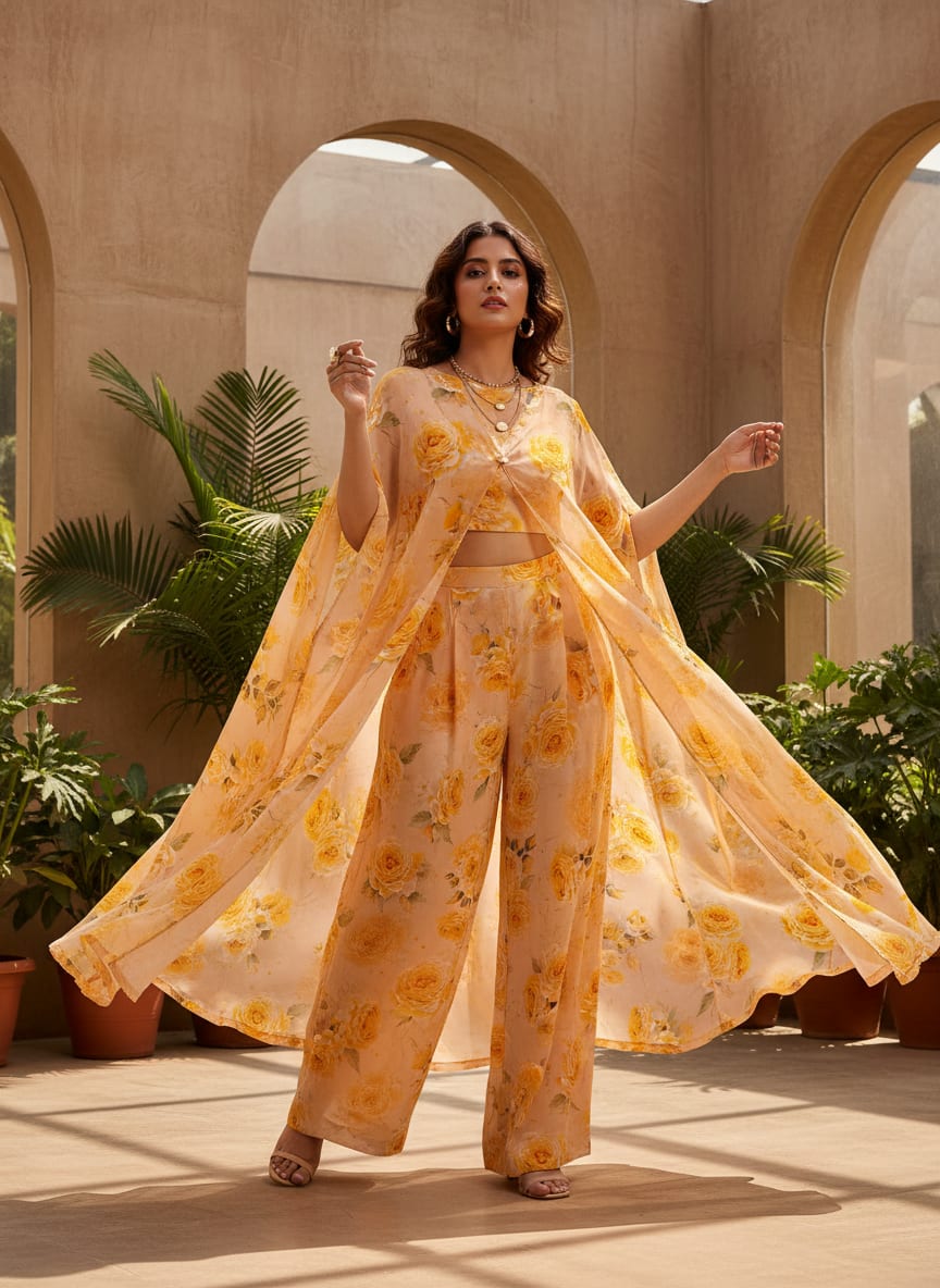Yellow Floral Pure Georgette Printed Fabric