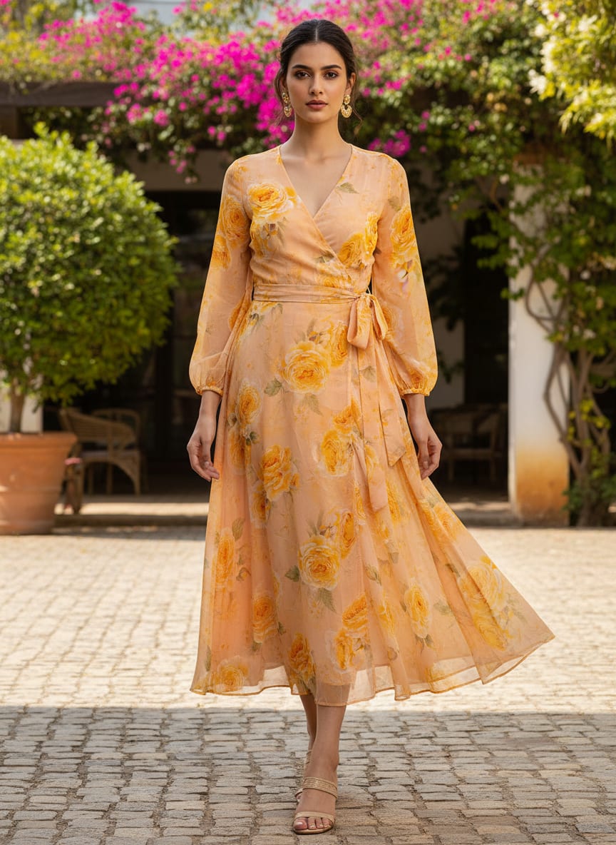 Yellow Floral Pure Georgette Printed Fabric
