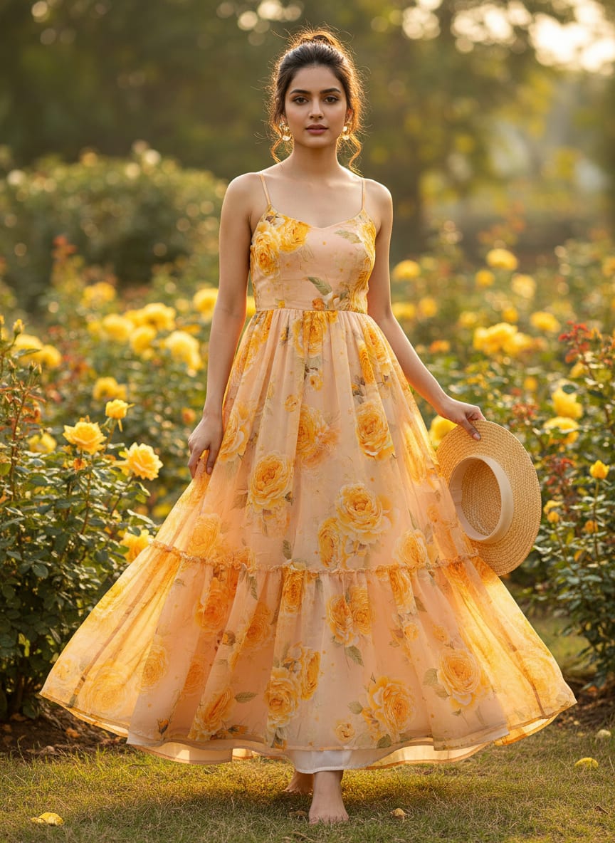 Yellow Floral Pure Georgette Printed Fabric