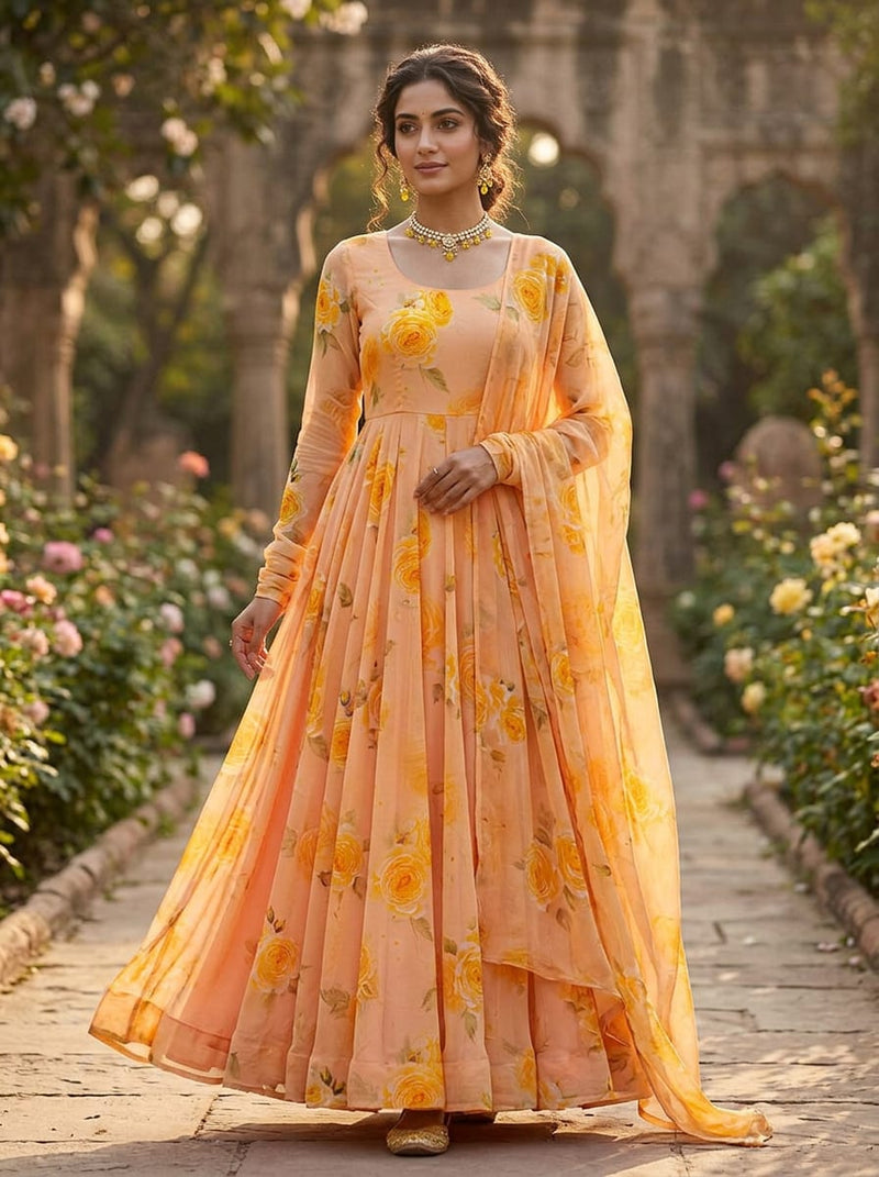 Peach Yellow Rose Floral Pure Georgette Digital Printed Fabric