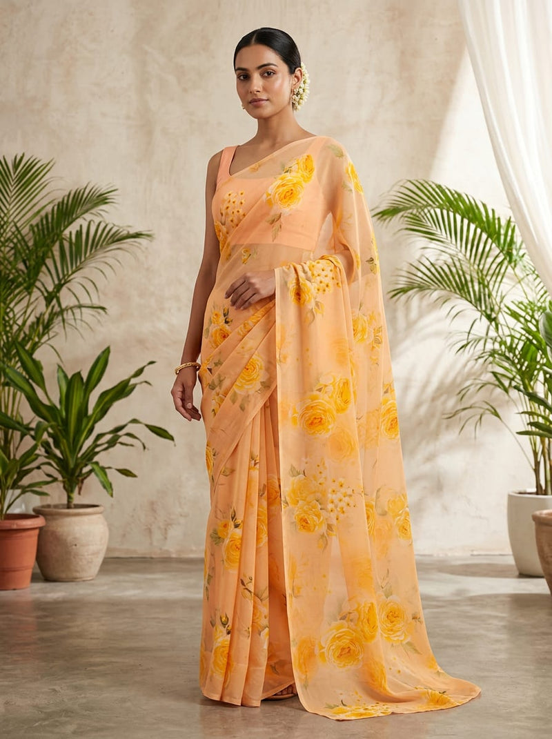 Peach Yellow Rose Floral Pure Georgette Digital Printed Fabric