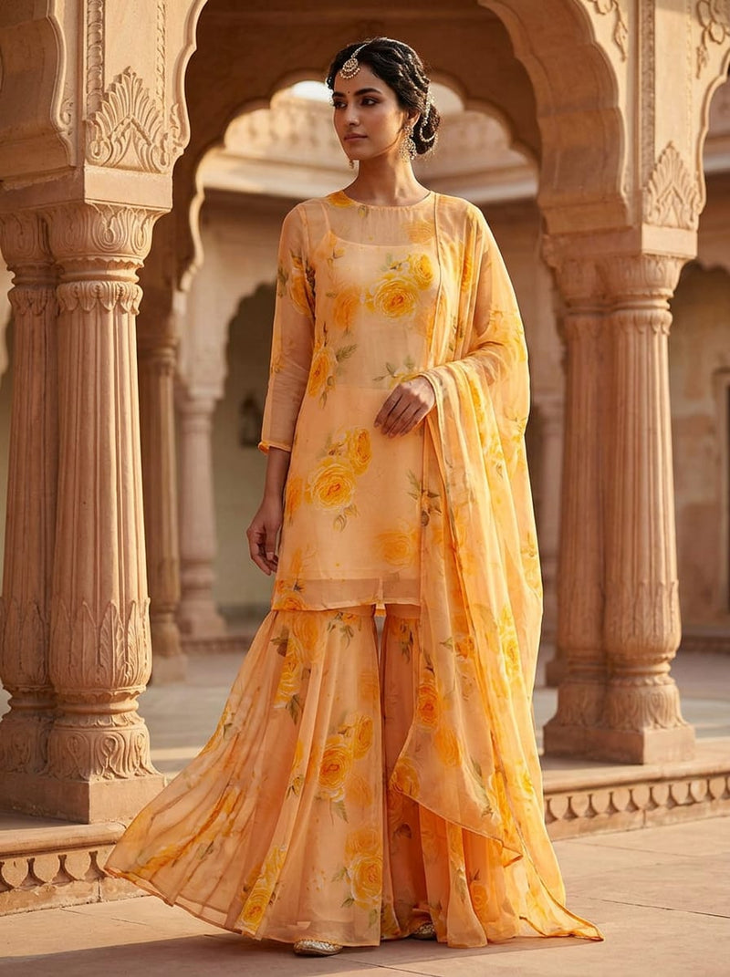 Peach Yellow Rose Floral Pure Georgette Digital Printed Fabric