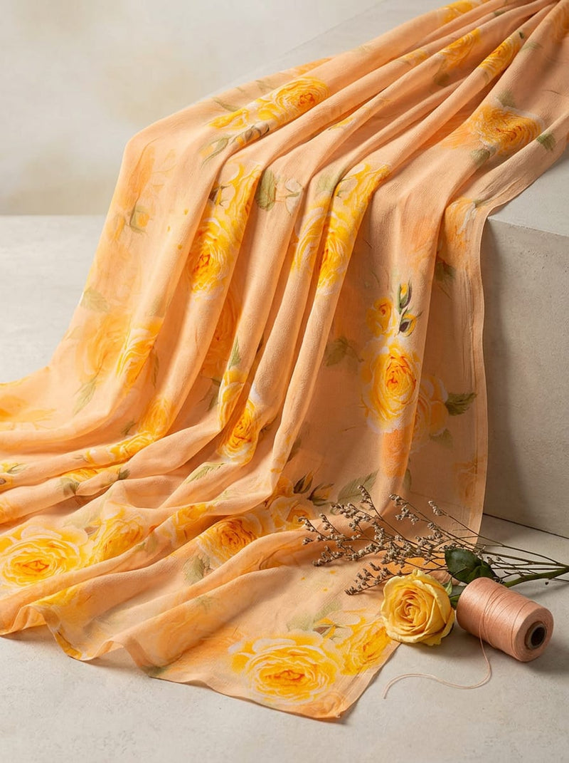Peach Yellow Rose Floral Pure Georgette Digital Printed Fabric