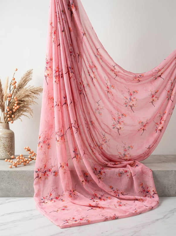 Pink Dainty Floral Branch Print Pure Georgette Digital Printed Fabric - Fabric Editorial Studio Flatlay Lookbook - PG-0-TA010529P4-110