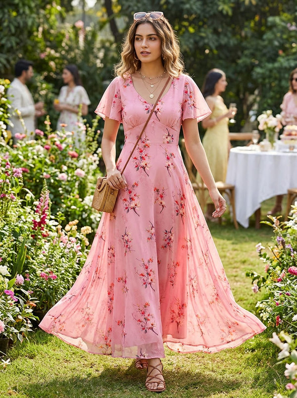 Pink Dainty Floral Branch Print Pure Georgette Digital Printed Fabric - Flowy Maxi Dress Lookbook - PG-0-TA010529P4-110 - alternate view