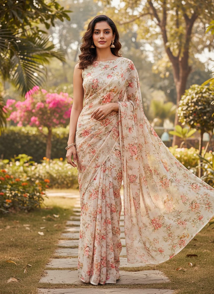 Pink Floral Pure Georgette Printed Fabric
