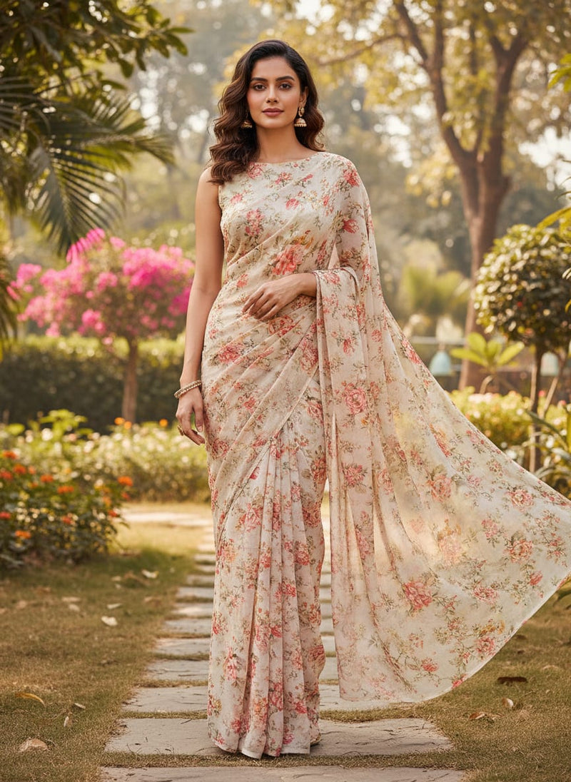 Pink Floral Pure Georgette Printed Fabric