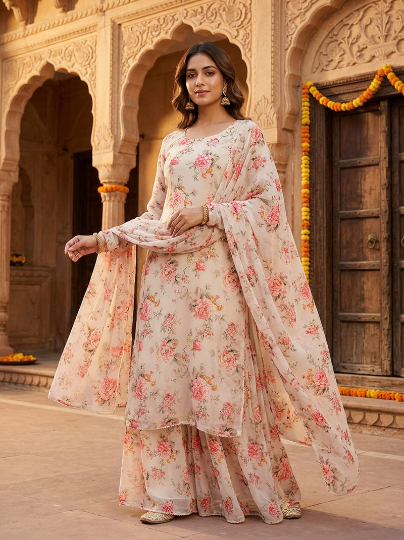 Cream Vintage Peony Floral Pure Georgette Digital Printed Fabric