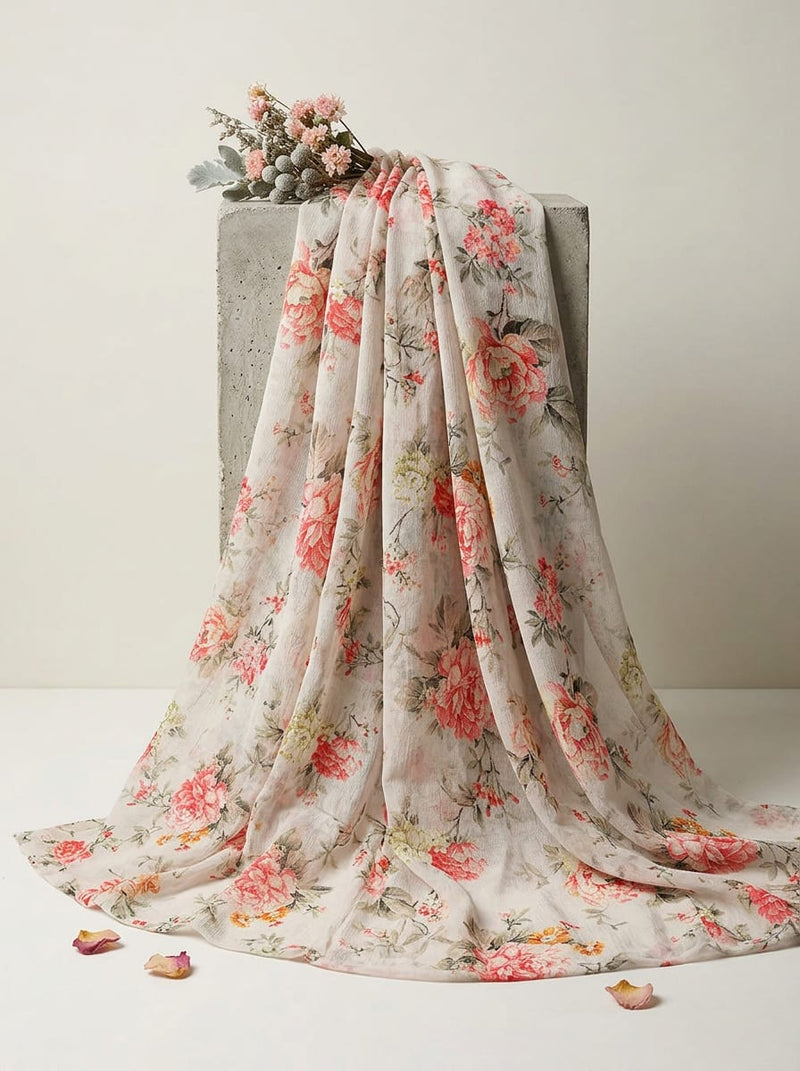 Cream Vintage Peony Floral Pure Georgette Digital Printed Fabric