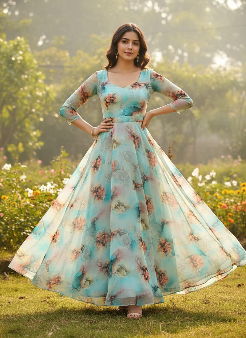 Skyblue Watercolor Pure Georgette Printed Fabric