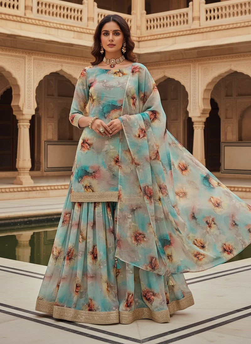 Skyblue Watercolor Pure Georgette Printed Fabric