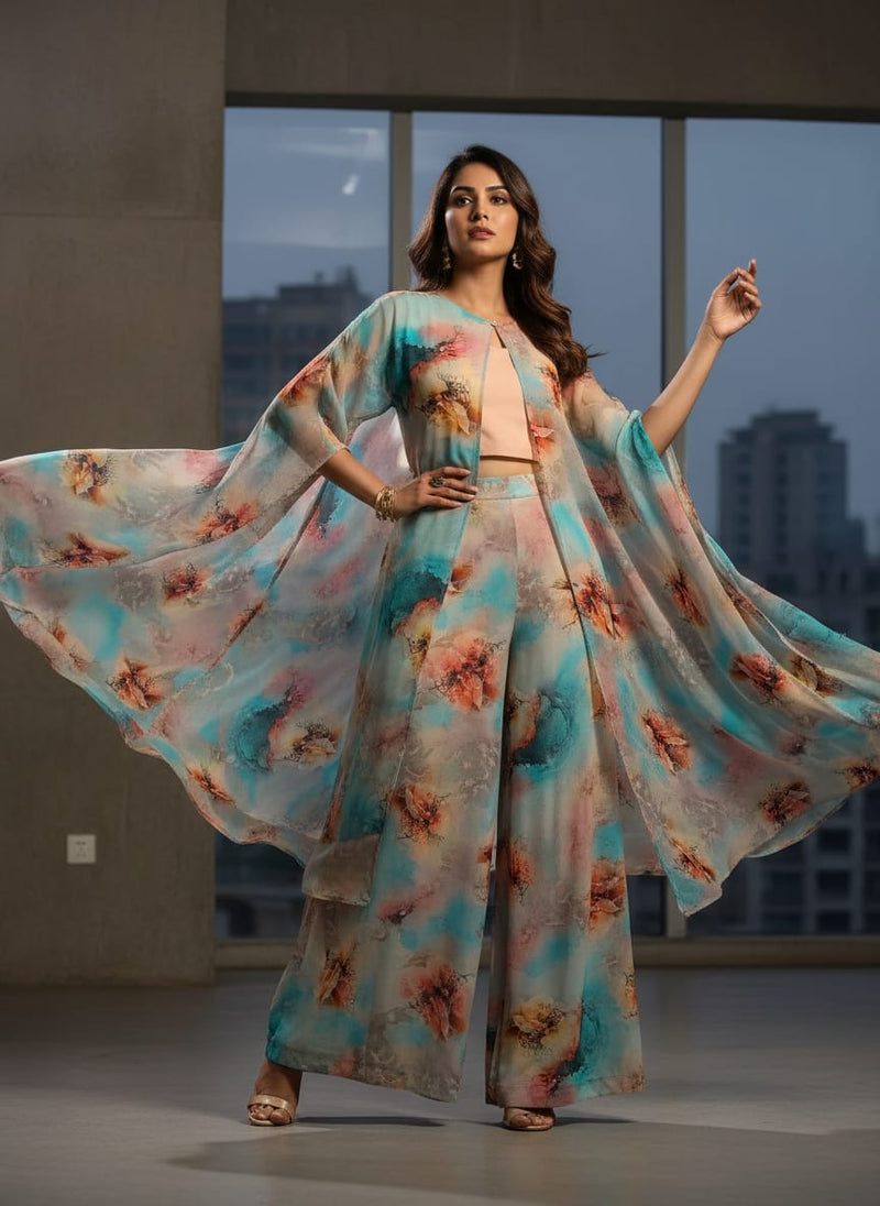 Skyblue Watercolor Pure Georgette Printed Fabric